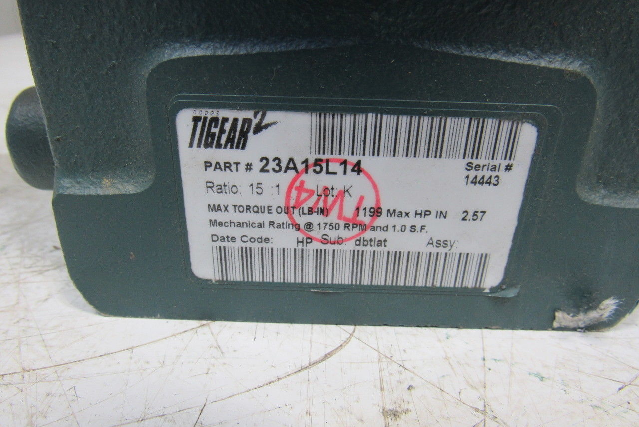 Dodge 23A15L14 15:1 Ratio 1750RPM 2.57Hp Input 117RPM LH Output Gear Reducer