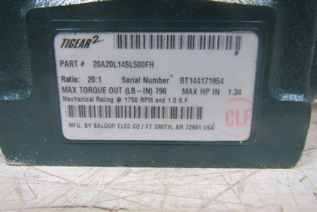 Dodge 20A20L14SL500FH 20:1 Ratio 1750RPM 1.34Hp Ext Shaft LH Output Gearbox