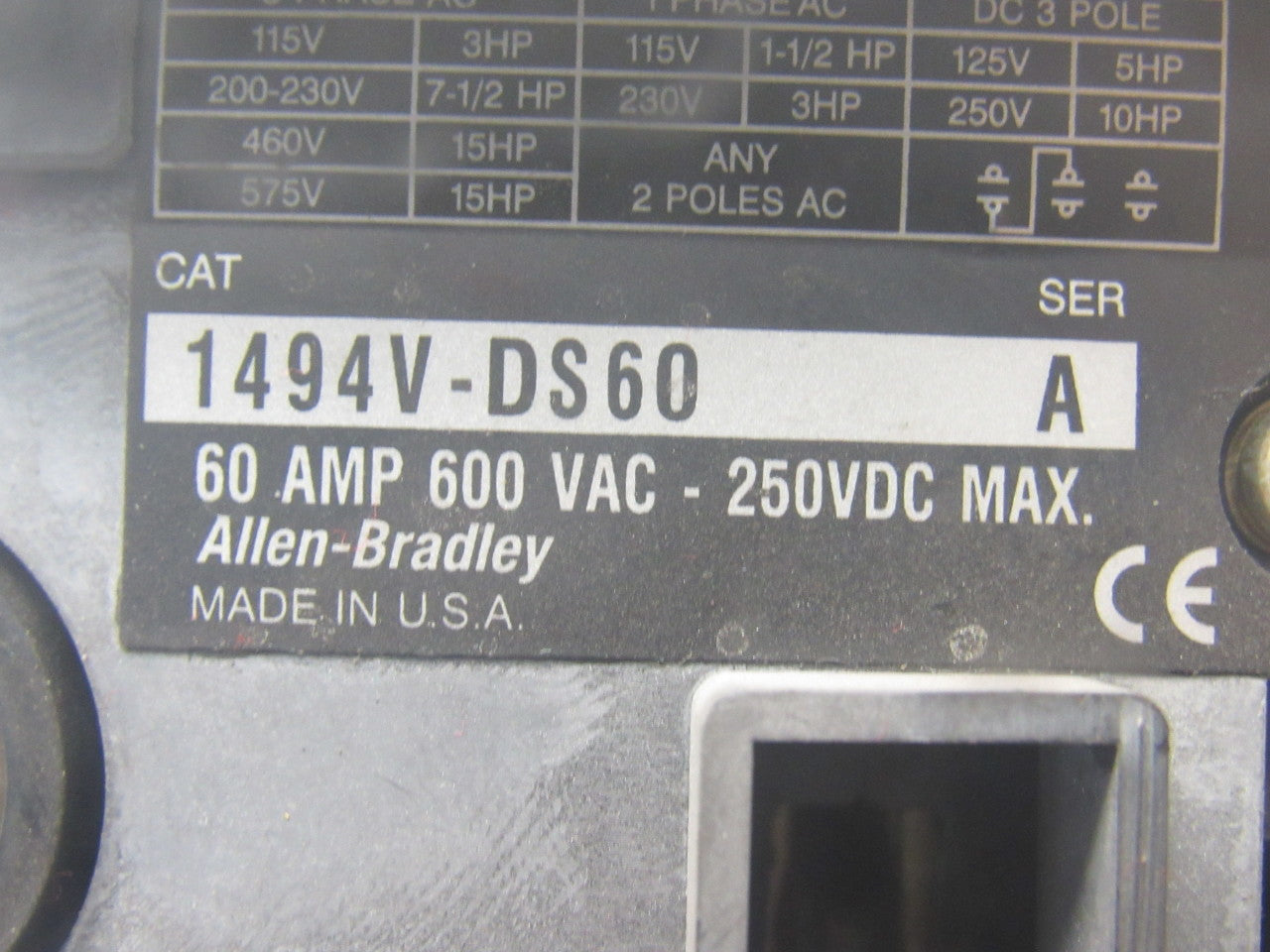 Allen Bradley 1494V-DS60 Rev A Disconnect Switch 60A 600V Non-Fused Left Hand