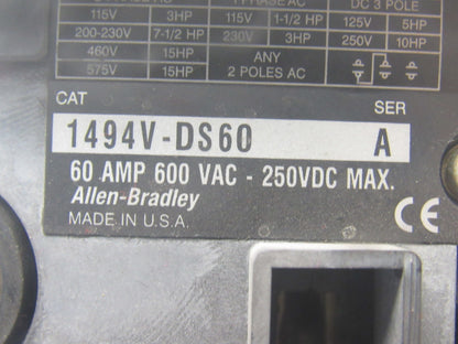 Allen Bradley 1494V-DS60 Rev A Disconnect Switch 60A 600V Non-Fused Left Hand