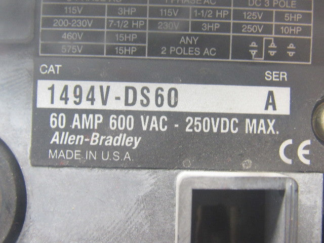 Allen Bradley 1494V-DS60 Rev A Disconnect Switch 60A 600V Non-Fused Left Hand