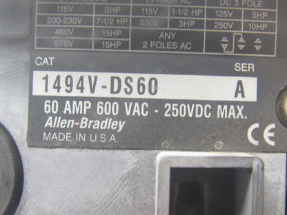 Allen Bradley 1494V-DS60 Rev A Disconnect Switch 60A 600V Non-Fused Left Hand