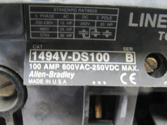 Allen Bradley 1494V-DS100 Ser B Disconnect Switch 100A 600V Non-Fused Left Hand