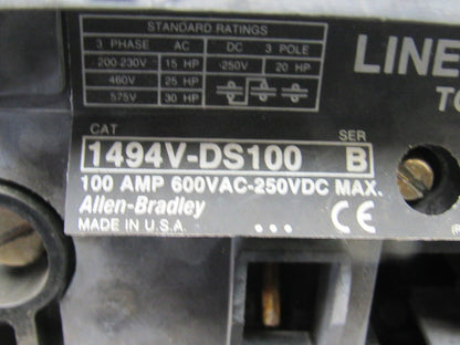 Allen Bradley 1494V-DS100 Ser B Disconnect Switch 100A 600V Non-Fused Left Hand