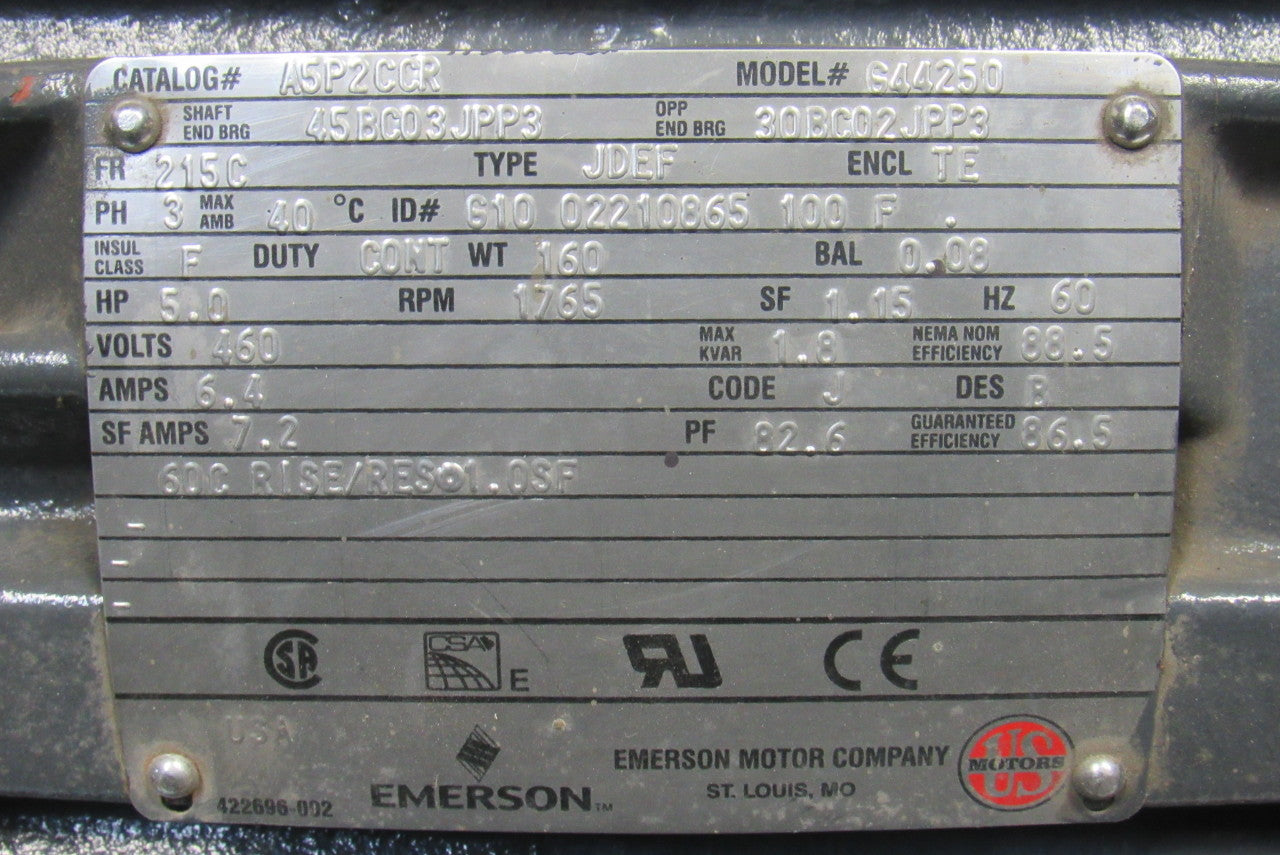Emerson 644250 5HP 1765RPM 460V 3Ph 60Hz 215C Automotive Duty AC Motor