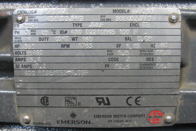 Emerson 644250 5HP 1765RPM 460V 3Ph 60Hz 215C Automotive Duty AC Motor