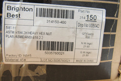 Brighton Best 314150 5/8-11 2H Heavy Hex Nut Lot Of 400