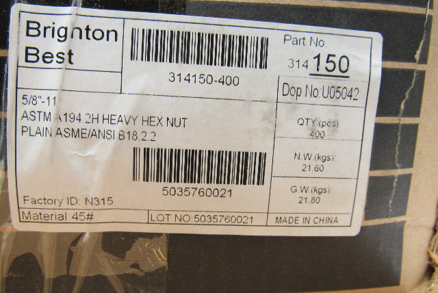 Brighton Best 314150 5/8-11 2H Heavy Hex Nut Lot Of 400