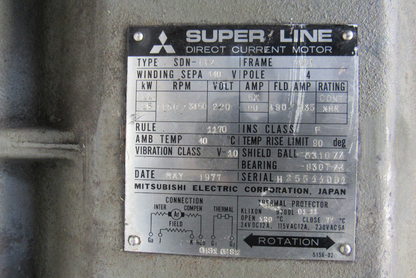 Mitsubishi SDN-CFZ 220VDC 11/15kW 1150/3450RPM Fan Cooled Direct Current Motor