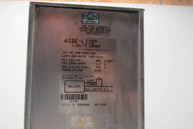 Wide-Lite 400-MPBS-480 400W S-51 Lamp 480V Primary 188V Sec. Ballast