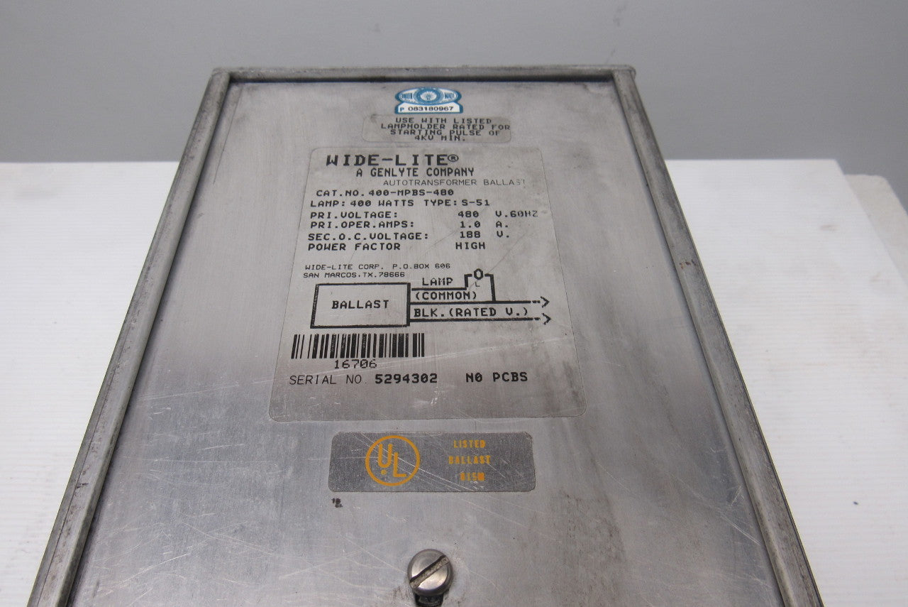 Wide-Lite 400-MPBS-480 400W S-51 Lamp 480V Primary 188V Sec. Ballast