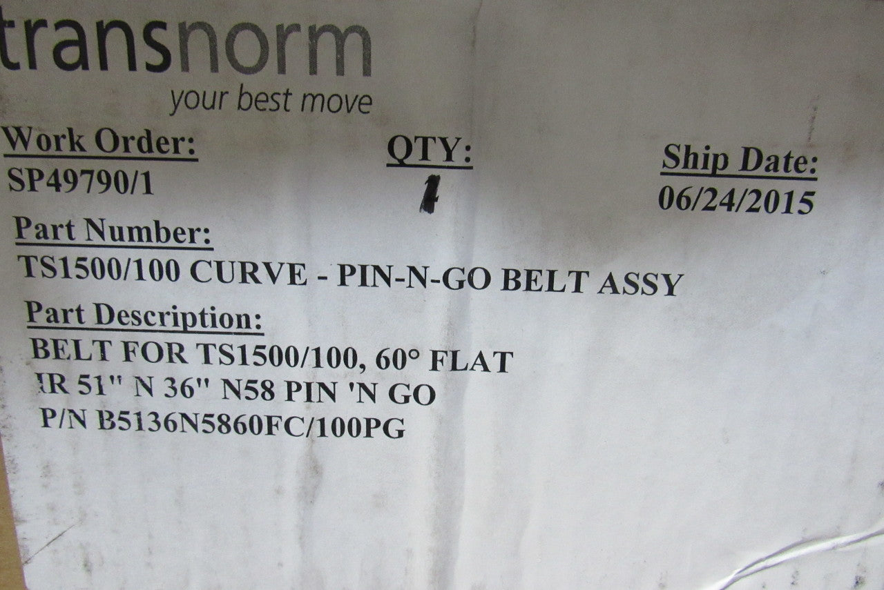 Transnorm TS1500/100 60° Curve Conveyor Belt IR=51" N=36" N58 Pin-N-Go