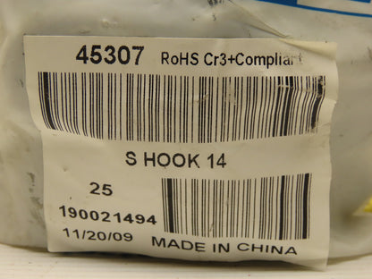 Fastenal #14 2" Zinc Steel Open Ended S Hook .187" Wire Lot Of 25