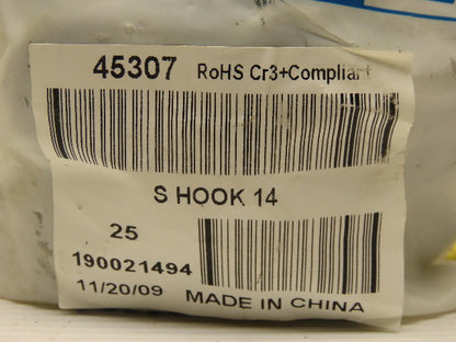 Fastenal #14 2" Zinc Steel Open Ended S Hook .187" Wire Lot Of 25