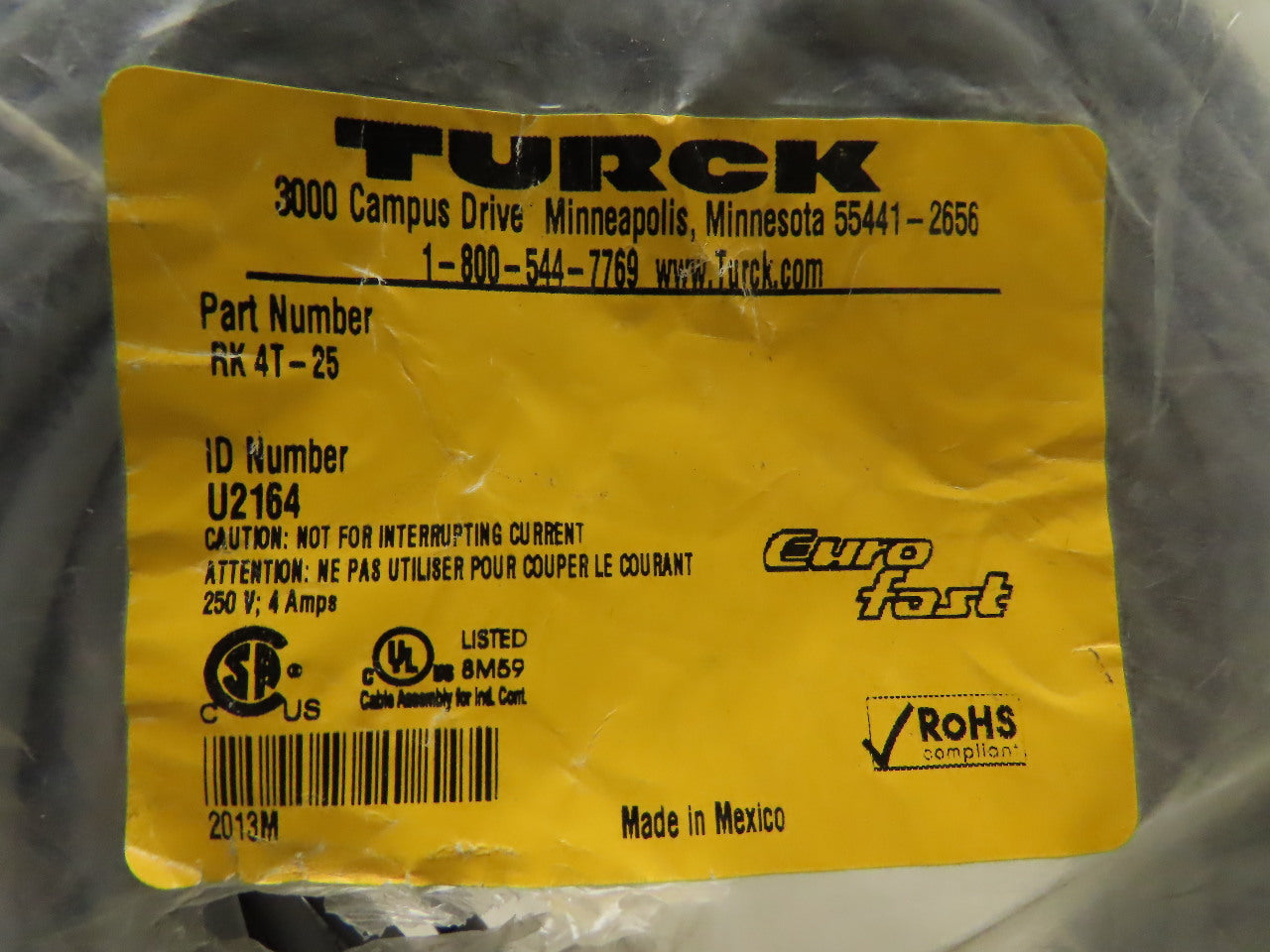 Turck RK4T-25 M12 Female Straight 3 Wire 25 Meter Cable