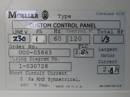 Moeller 230V 1Ph 60Hz 1/3Hp Motor Starter Overload 4A Trip 120V Control Voltage