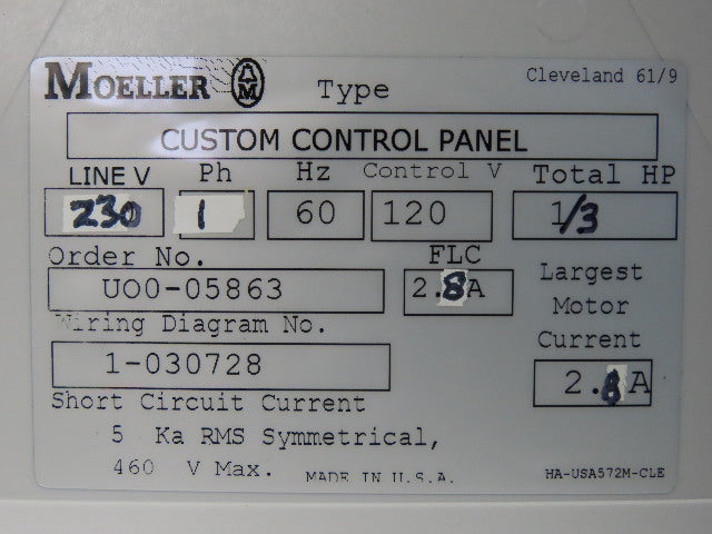 Moeller 230V 1Ph 60Hz 1/3Hp Motor Starter Overload 4A Trip 120V Control Voltage