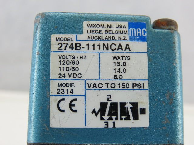 MAC 274B-111NCAA 3 Port 2 Position Air Valve 120V AC 24VDC Solenoid