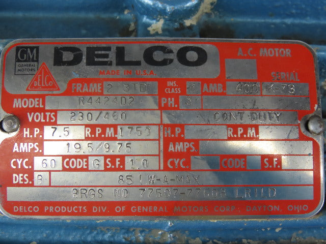 Delco R4424D2 7.5Hp 1750RPM 230/460V Motor With Hydraulic Pump