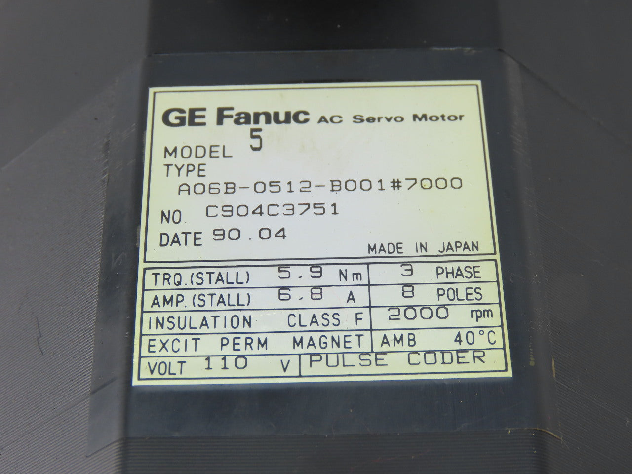 Fanuc A06B-0512-B001#7000 110V 3Ph 2000RPM Perm Magnet Servo Motor Pulse Coder