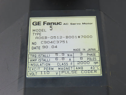 Fanuc A06B-0512-B001#7000 110V 3Ph 2000RPM Perm Magnet Servo Motor Pulse Coder