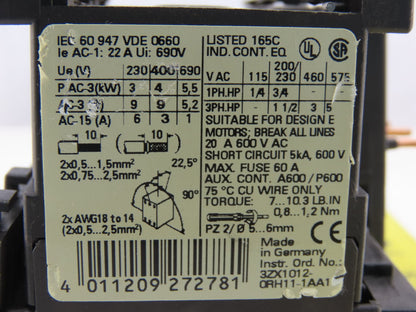 Siemens 3RT1016-1KB41 600V 3Ph 5Hp Contactor Relay Set With Bridge