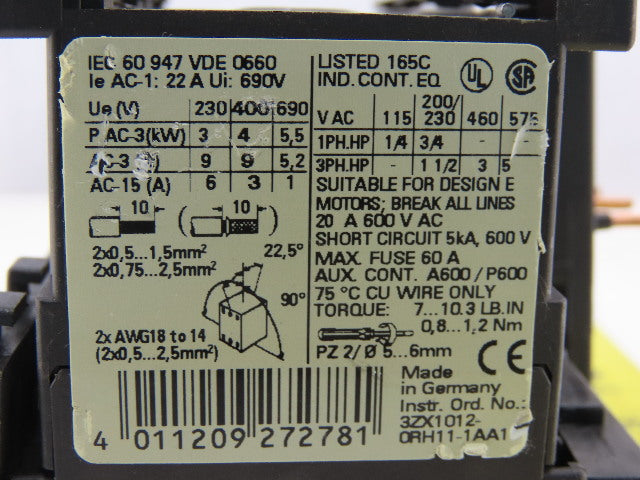 Siemens 3RT1016-1KB41 600V 3Ph 5Hp Contactor Relay Set With Bridge