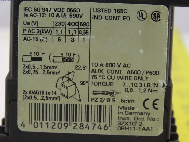 Siemens 3RH1131-1KB40 600V 10A 3Ph Contactor Relay Auxiliary 3NO+1NC 17-24VDC