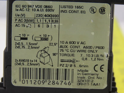 Siemens 3RH1131-1KB40 600V 10A 3Ph Contactor Relay Auxiliary 3NO+1NC 17-24VDC