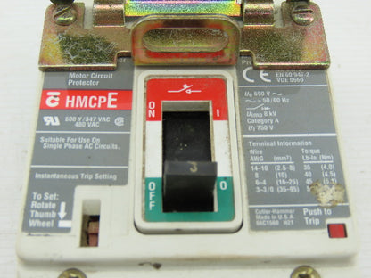 Cutler Hammer HMCPE003A0C 600V 3 Pole 3 Amp Circuit Breaker