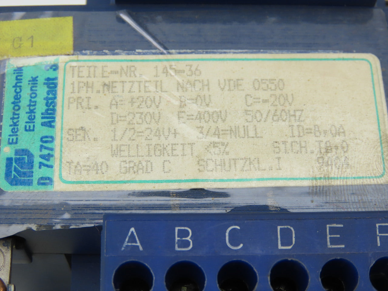 Elektrotechnik 145-36 Pri 230/400V 50/60Hz Sec. 1/2=24V+ 3/4= NULL Transformer
