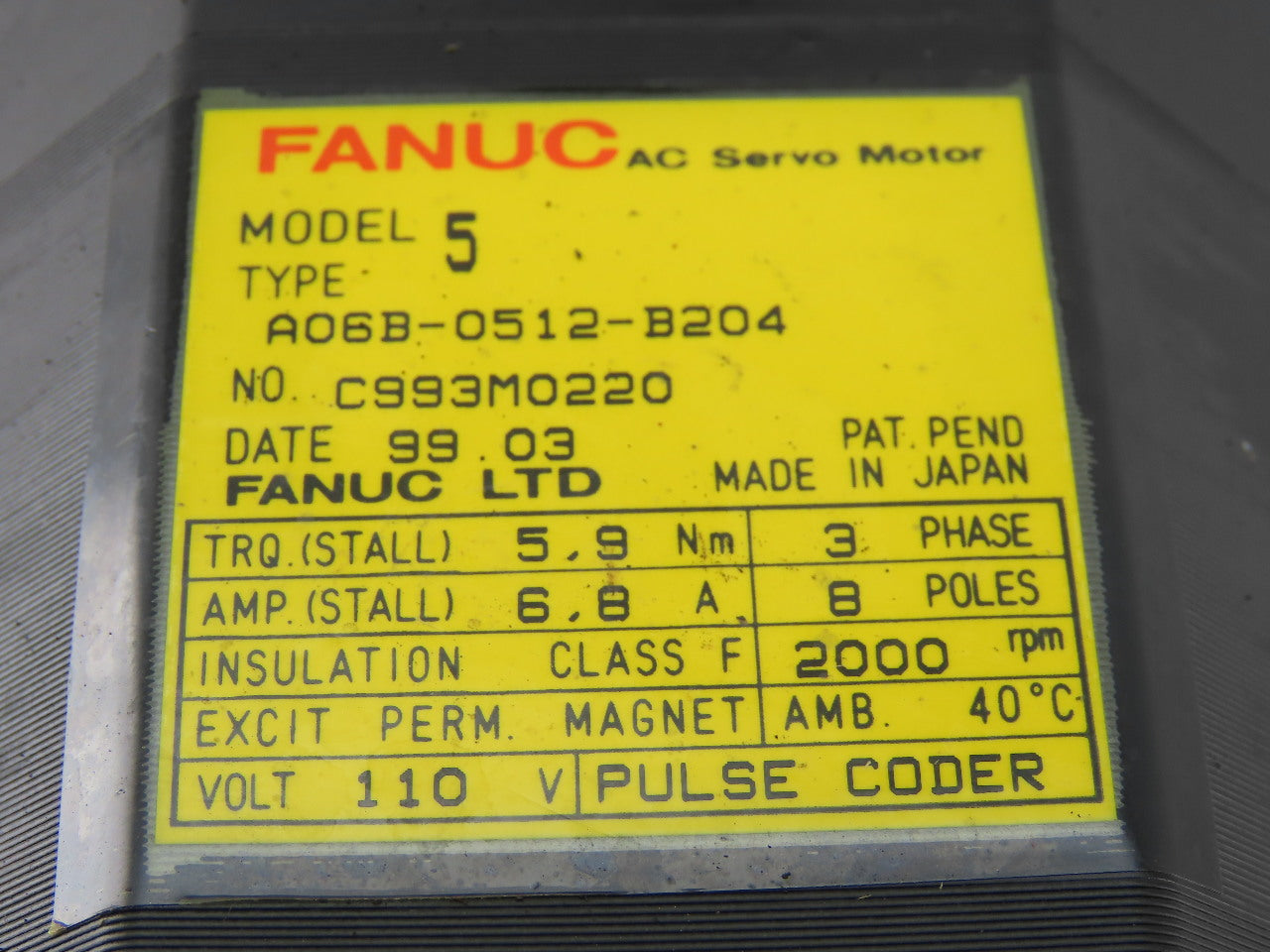 Fanuc A06B-0512-B204 110V 3Ph 6.8A Permanent Magnet AC Servo Motor