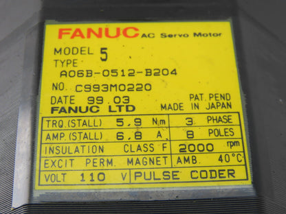 Fanuc A06B-0512-B204 110V 3Ph 6.8A Permanent Magnet AC Servo Motor