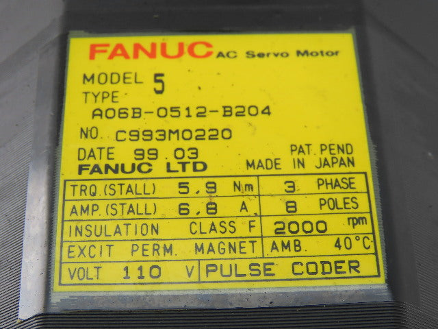 Fanuc A06B-0512-B204 110V 3Ph 6.8A Permanent Magnet AC Servo Motor