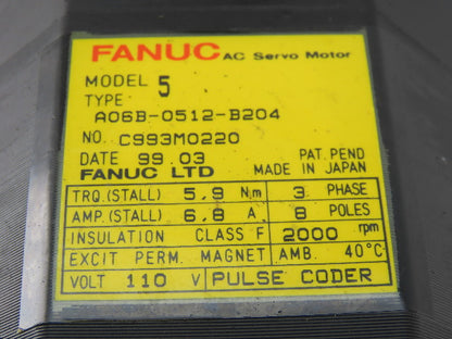 Fanuc A06B-0512-B204 110V 3Ph 6.8A Permanent Magnet AC Servo Motor
