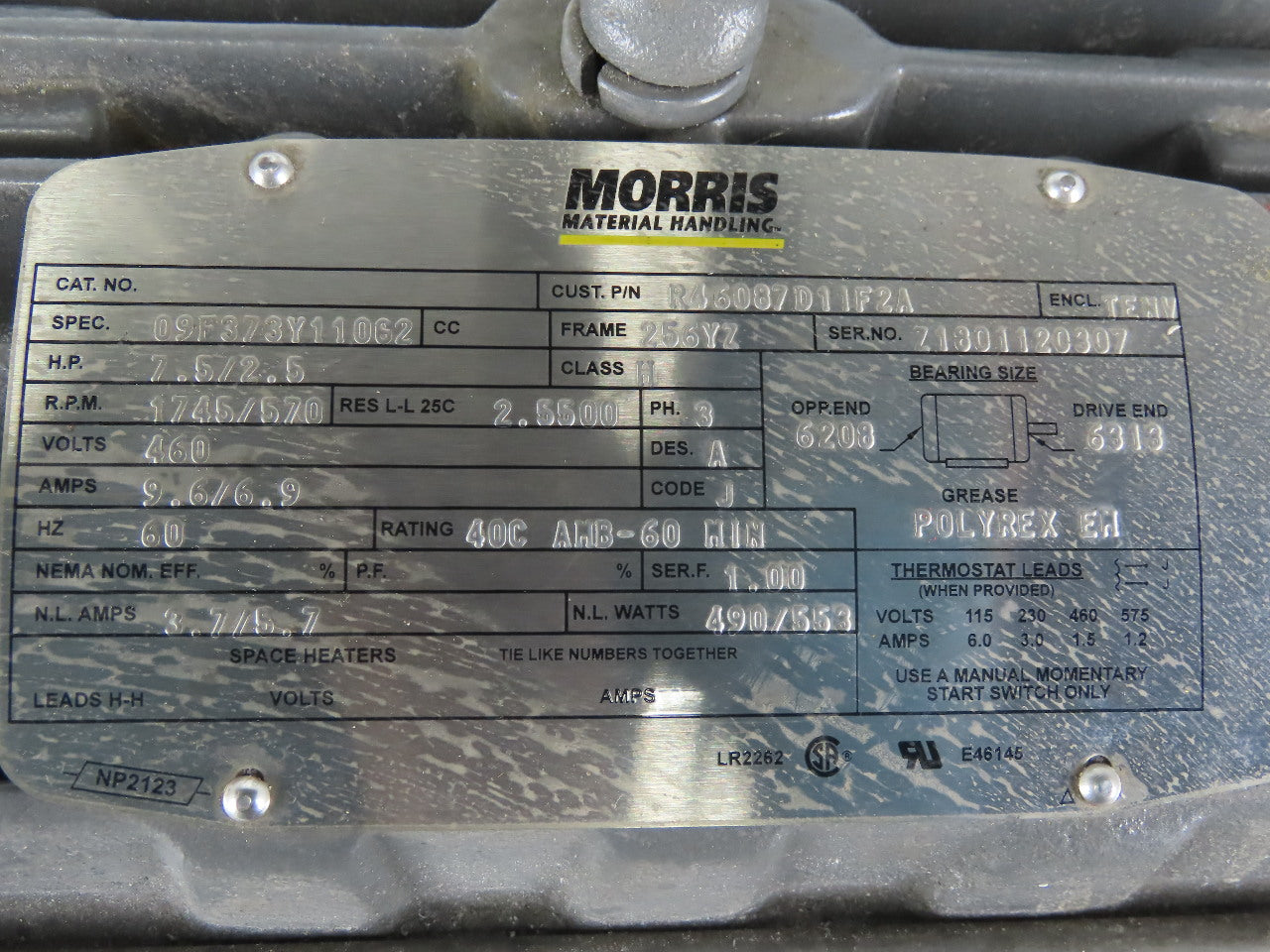 Morris Material Handling 7.5/2.5Hp 1745/570RPM 460V 256YZ 2 Speed Crane Motor