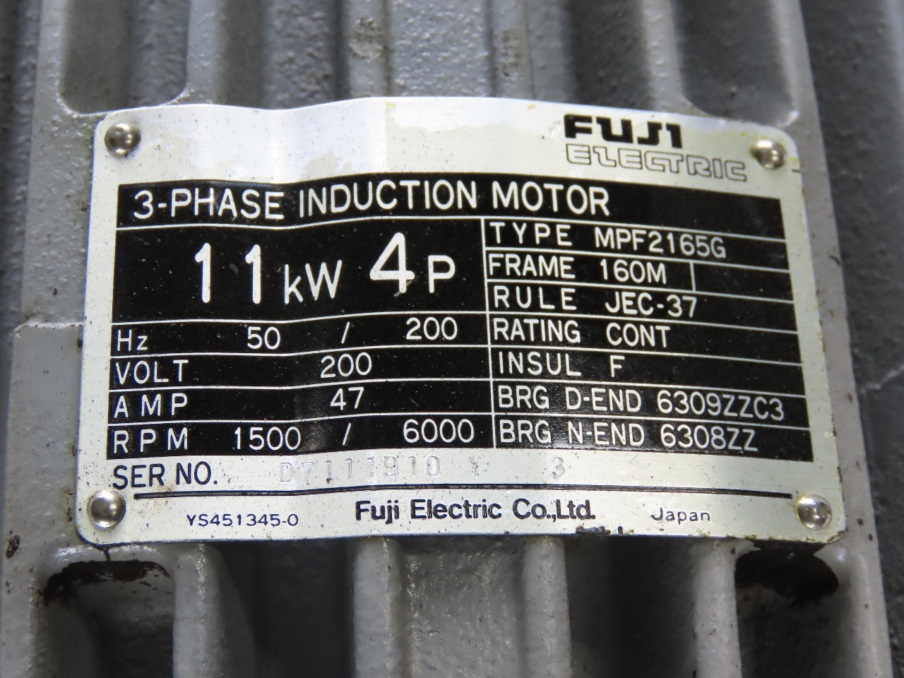 Fuji MPF2165G 11kW 200V 50/200Hz 1500/6000RPM Dual Speed Induction Motor 160M