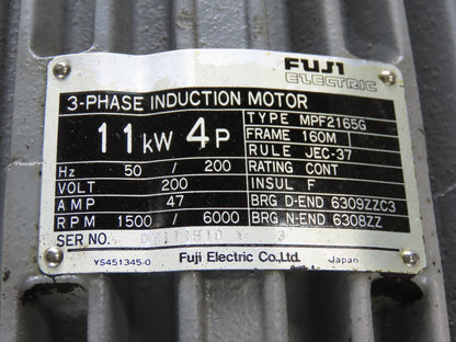 Fuji MPF2165G 11kW 200V 50/200Hz 1500/6000RPM Dual Speed Induction Motor 160M