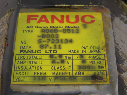 Fanuc A06B-0512-B002 110V 3Ph 2000RPM 5.9Nm Perm Magnet AC Servo Motor
