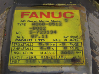 Fanuc A06B-0512-B002 110V 3Ph 2000RPM 5.9Nm Perm Magnet AC Servo Motor