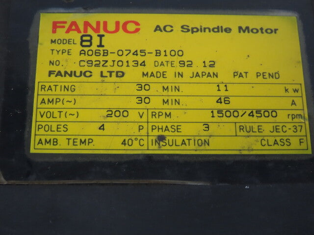 Fanuc A06B-0745-B100 200V 1500/4500RPM 4 Pole AC Spindle Motor Bad Fan/Cover