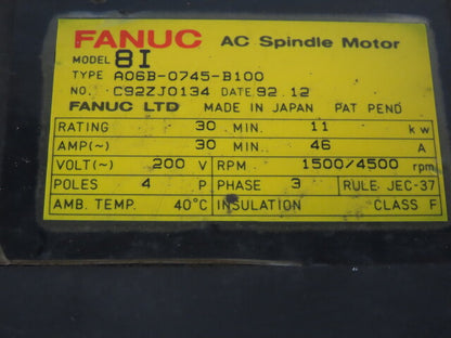 Fanuc A06B-0745-B100 200V 1500/4500RPM 4 Pole AC Spindle Motor Bad Fan/Cover