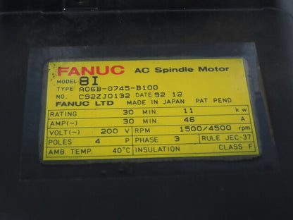Fanuc A06B-0745-B100 200V 1500/4500RPM 4 Pole AC Spindle Motor