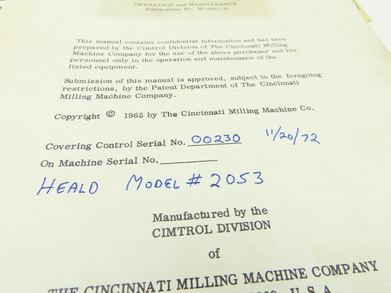 Cincinnati Cimtrol Acramatic 330 Control Operation Maintenance Manual M-2501-A
