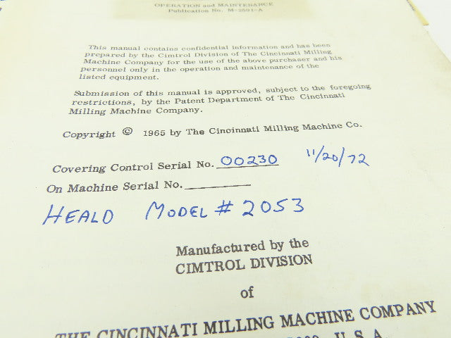 Cincinnati Cimtrol Acramatic 330 Control Operation Maintenance Manual M-2501-A