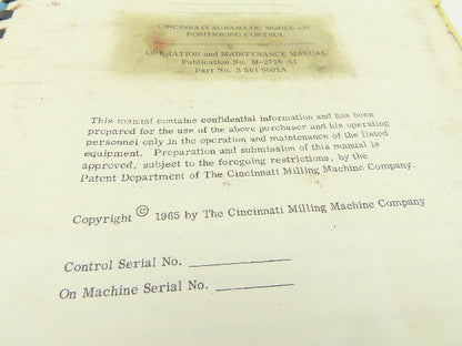Cincinnati Acramatic Model 220 Operation Maintenance Manual Pub. No. M-2738-A1