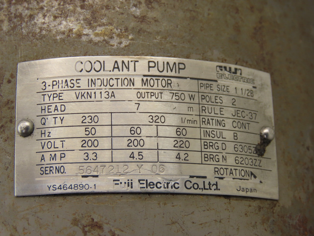 Fuji VKN113A .75kW 3Ph 200/220V 50/60Hz 7m/Head 320l/Min Coolant Pump