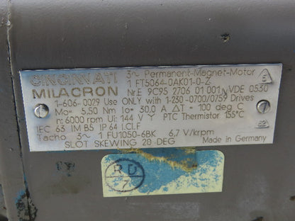 Cincinnati Milacron FT5064-0AK01-1-Z 144V 6000RPM 3Ph AC Per. Magnet Servo Motor