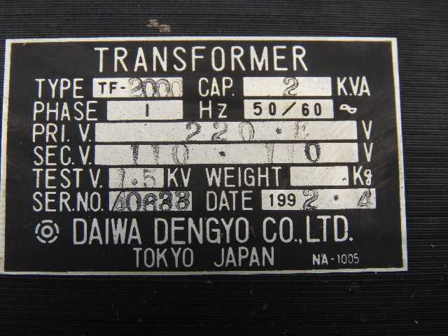 Daiwa Dengyo TF-2000 220V Primary 110V Secondary 2kVa 1Ph 50/60Hz Transformer