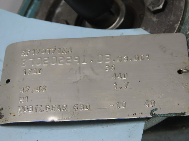 Sew Eurodrive DFT71K4 47.77:1 Ratio 36RPM Output .25Hp 3Ph 208/360Y Gear Motor
